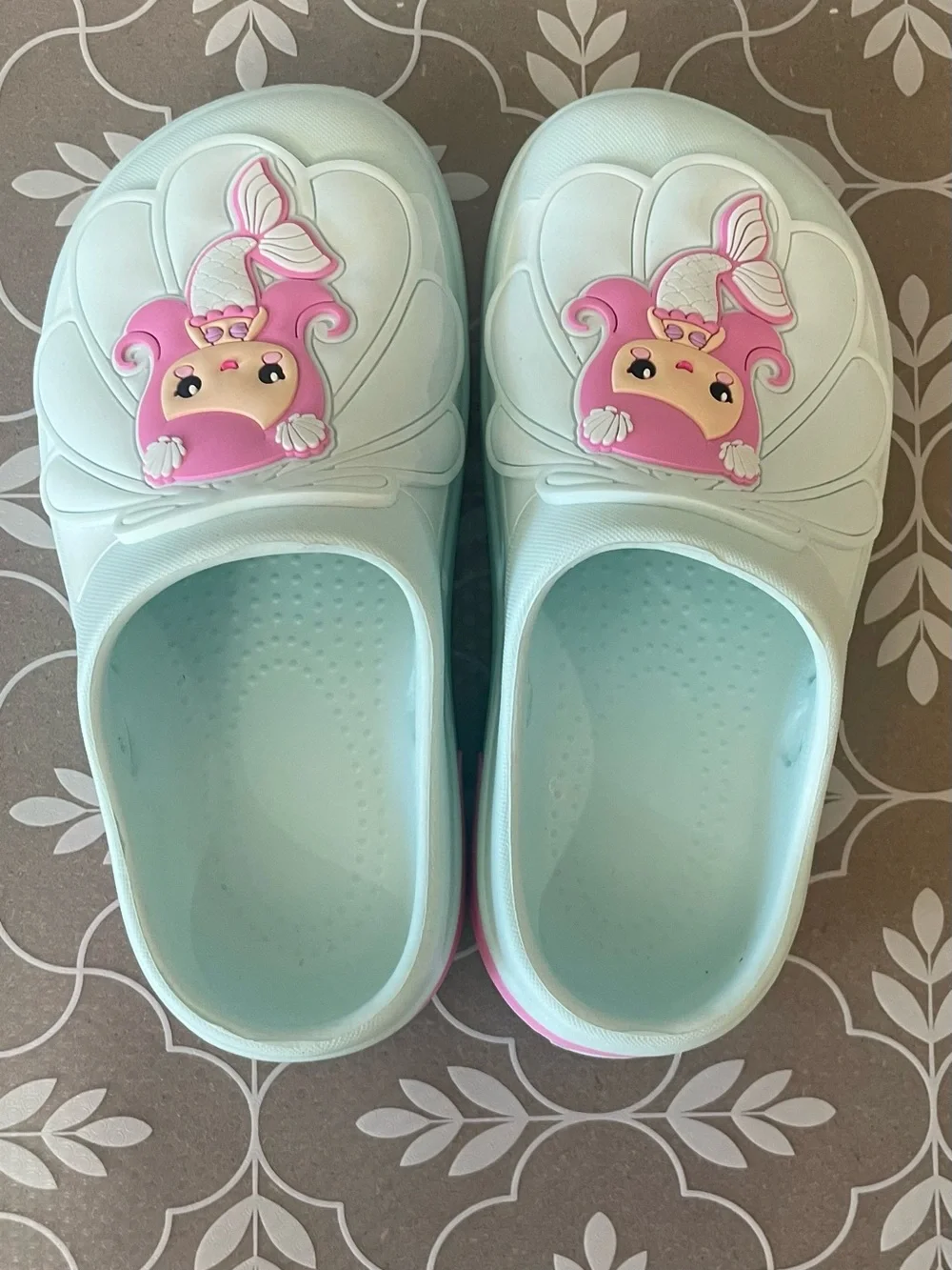 Toddler Girl size 12 Slip on Clogs Light Mint Green with Pink Mermaid Accent